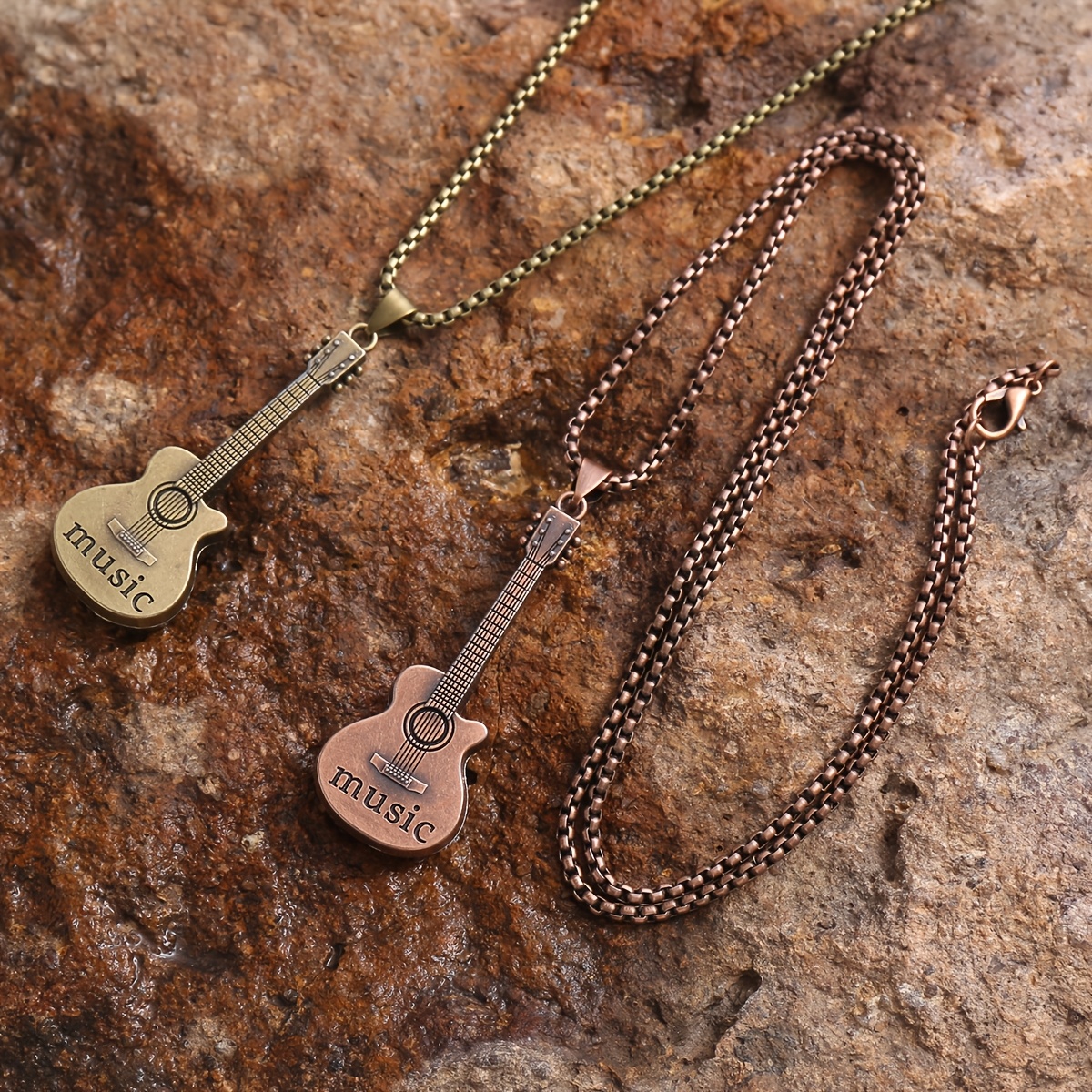 2pcs Guitar-Shaped Pendant Necklace Set, Unisex Daily Wear